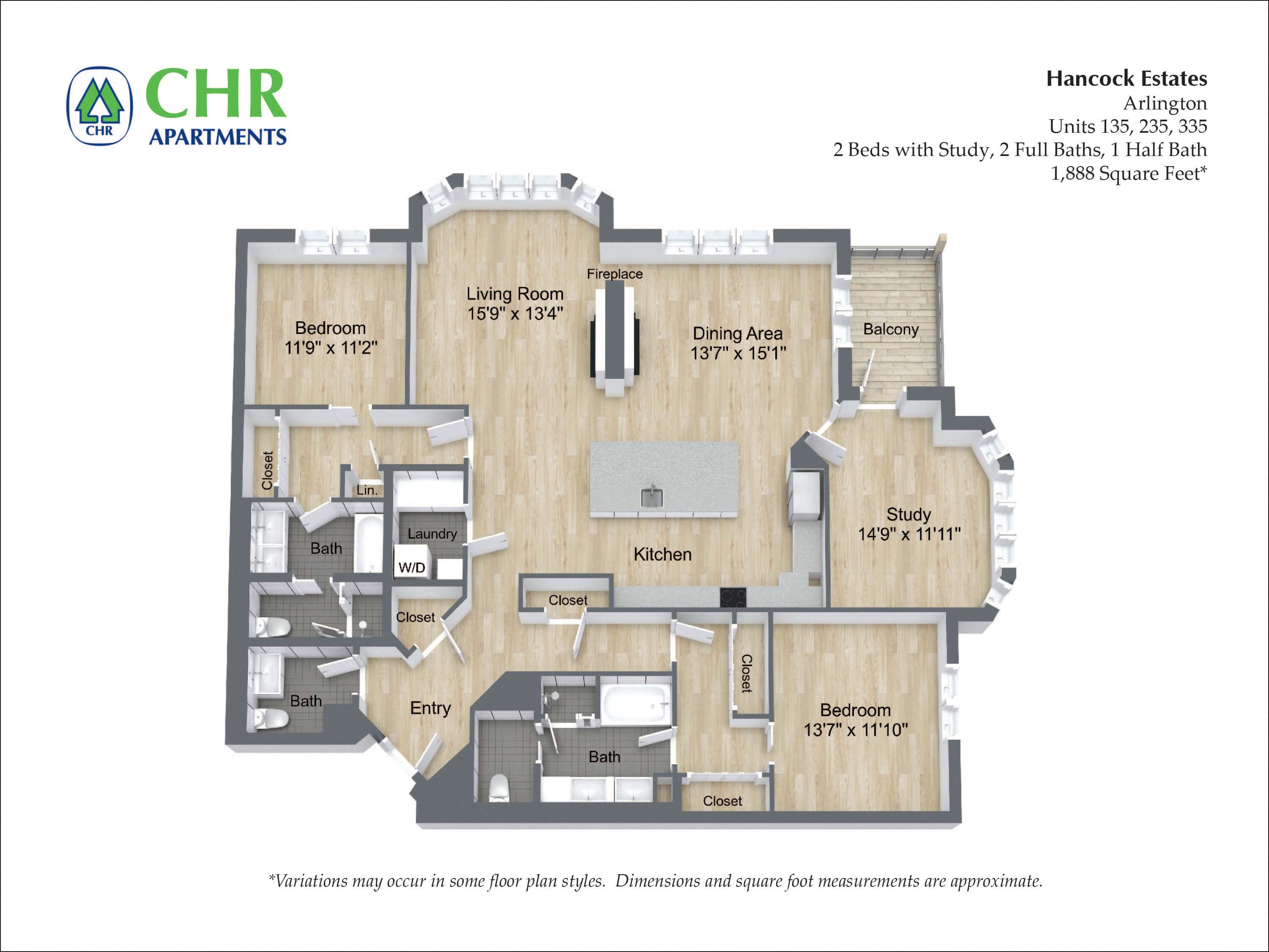 Floor plan for 2 beds, 2.5 baths, 1888 sqft